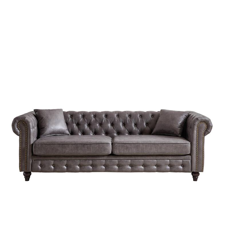 Grey 85.5" Tech Fabric 3-Seater Chesterfield Sofa with Rolled Arms, 2 Cushions