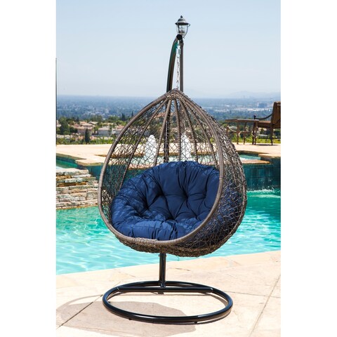Abbyson Outdoor Newport Wicker Patio Swing Chair with Navy Cushion - N/A