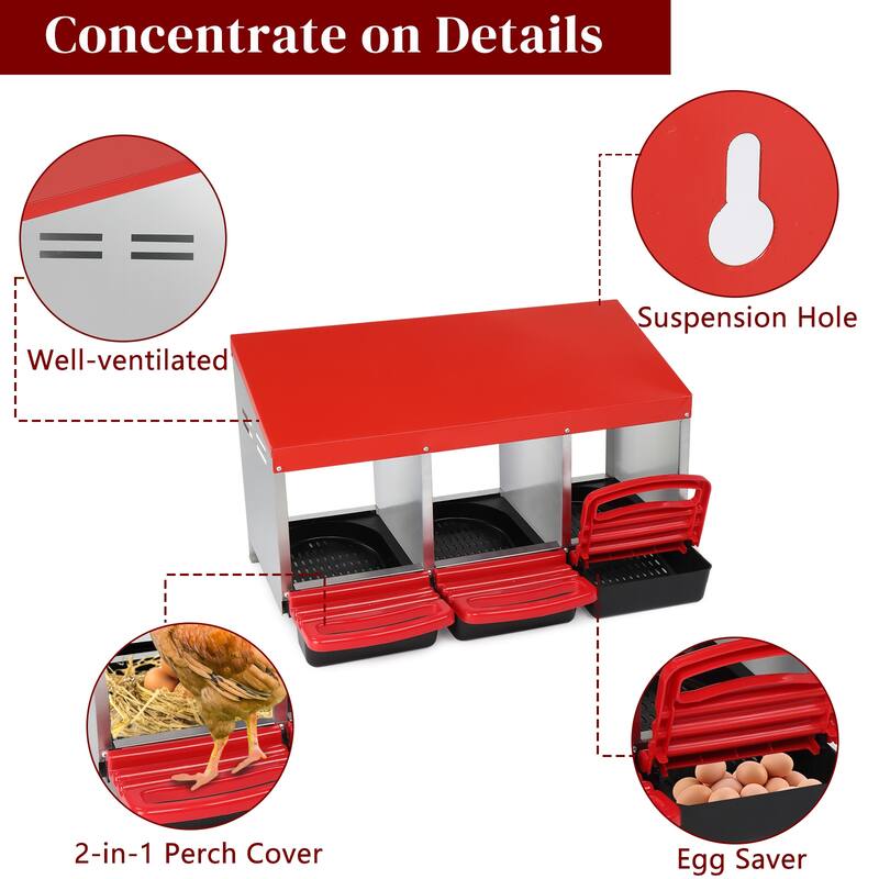 3 Compartment Chicken Egg Nesting Box with Roll Out Plastic Baskets for Hens