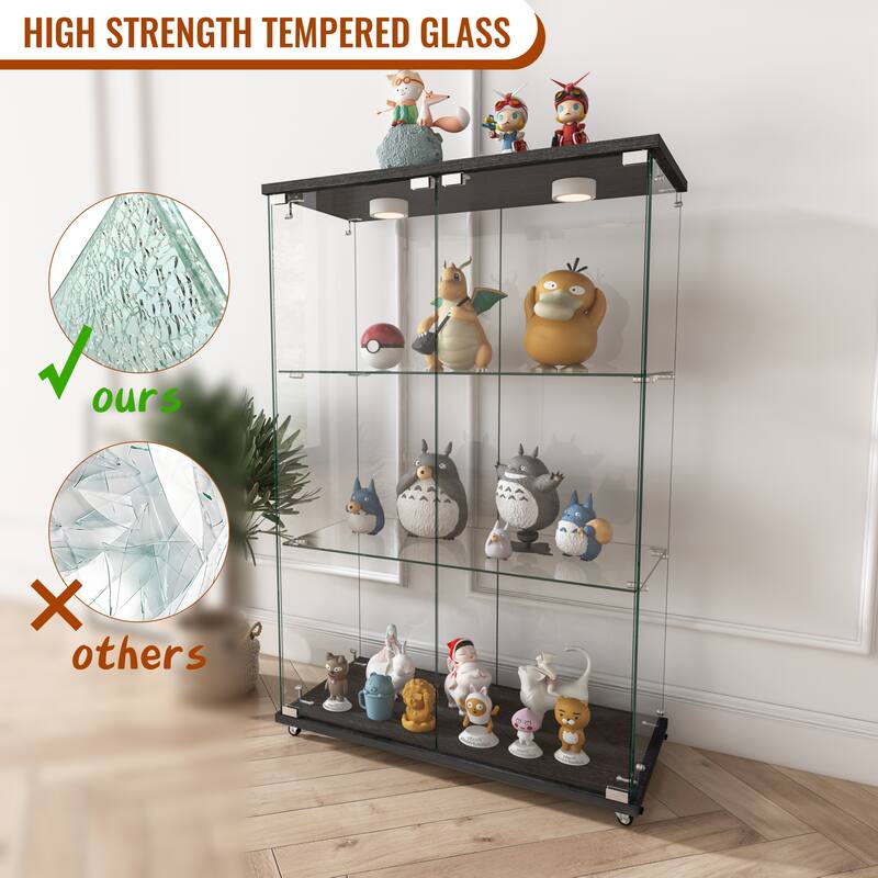 Modern Glass Display Cabinet with LED Lights, 2-Door Tempered Glass Bookshelf with 3 Shelves and Wheels for Living Room