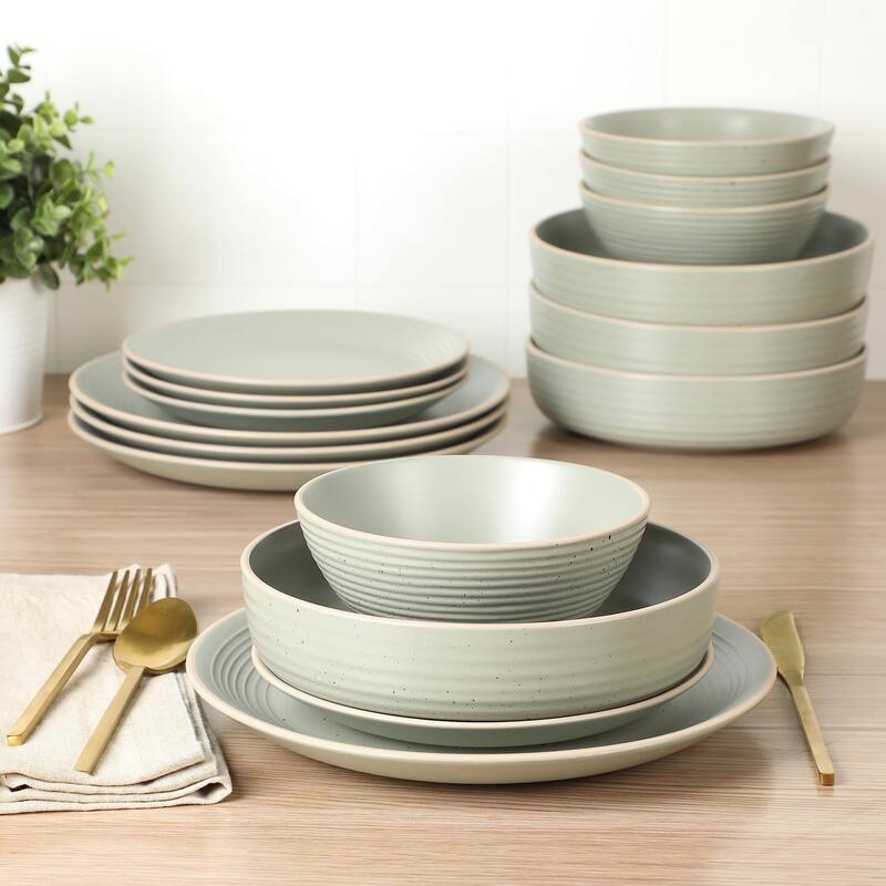 Dinah Double Bowl Stoneware Embossed Speckled Dinnerware Set Sage