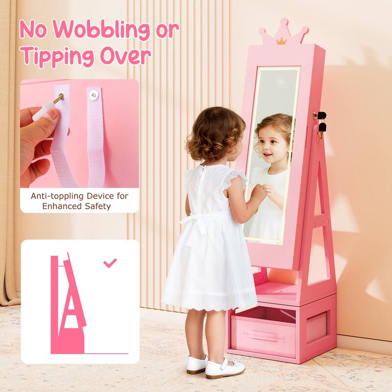 Gymax 3 In 1 Kids Jewelry Cabinet w/3-Color Lighted Full Length Mirror