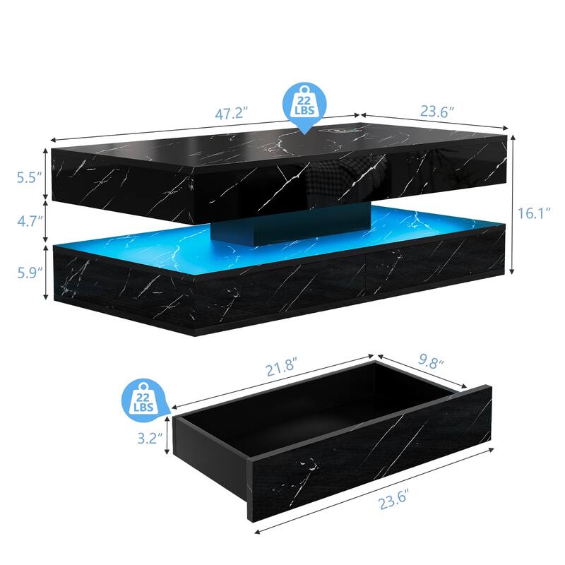 Pocassy Double-Layer Center Tables with LED Light 47.2 Inch