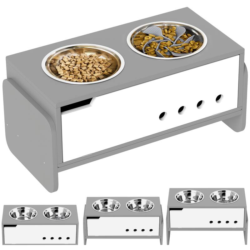 PawHut Elevated Dog Bowls, 3 Height Adjustable Raised Dog Bowls with Slow Feeder Mat, 68 oz, Gray - Grey