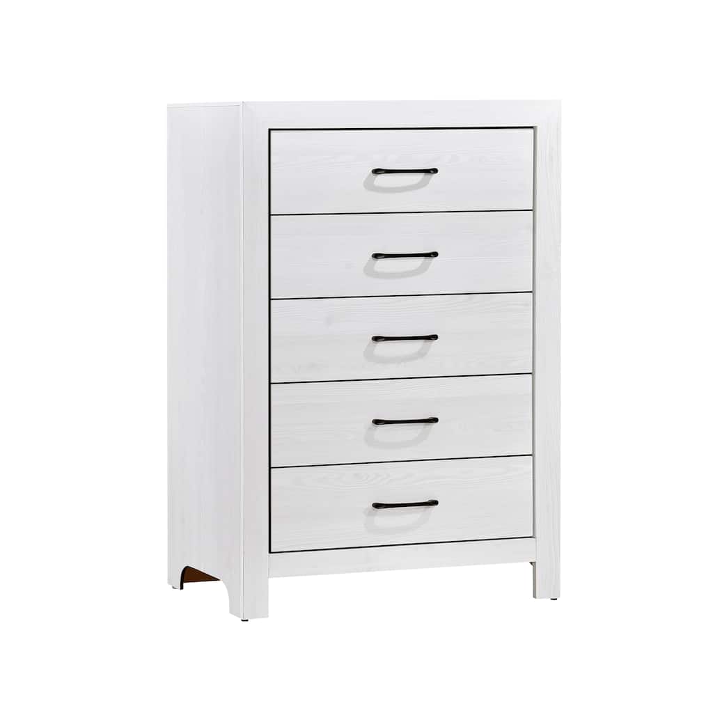 White Bedroom Storage Chest with Black Hardware, 5 Spacious Drawers