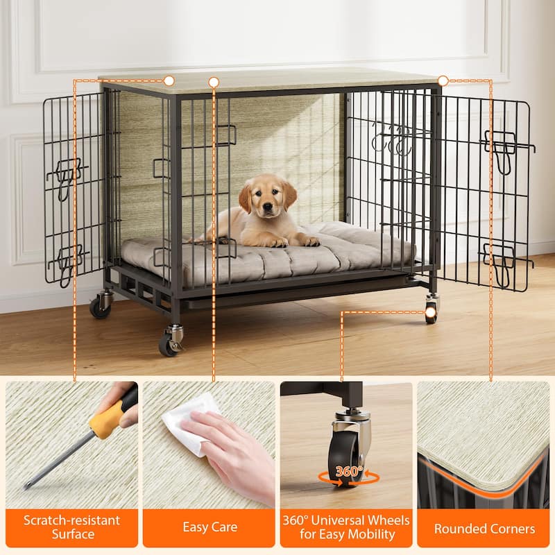 Dog Crate Furniture with Wheels, Indoor Kennel Table for Medium Dogs
