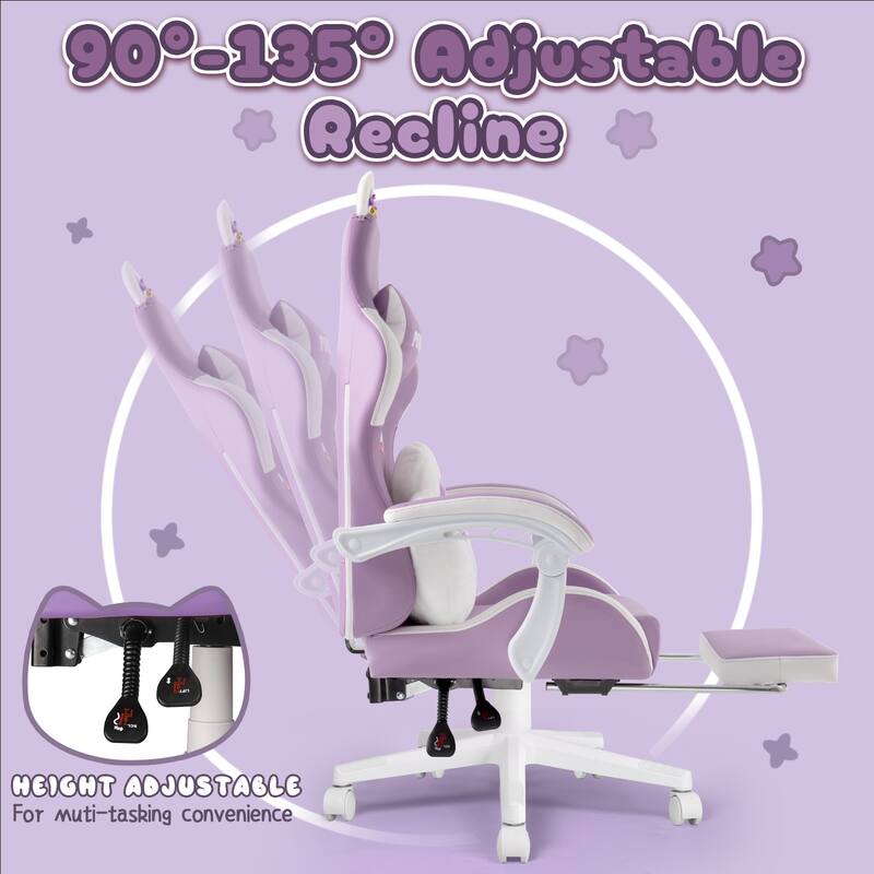 BOSSIN Gaming Chair with Cat Ears and Cat Paw Cushion Pillow,Cute Kawaii Reclining Computer Chair for Girl with Footrest