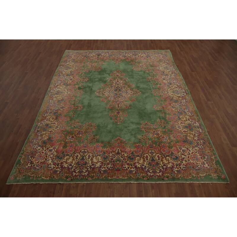 Hand Knotted Oriental 100% Wool Carpet Traditional Floral Green Kerman Area Rug - 11' 9'' X 8' 6''