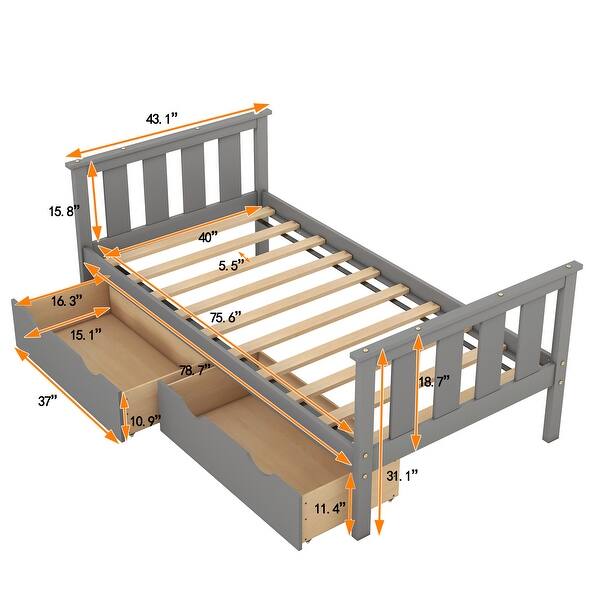 dimension image slide 0 of 2, Twin Size Solid Wood Platform Bed Frame with Storage Drawers With Storage Drawers,Footboard and Headboard