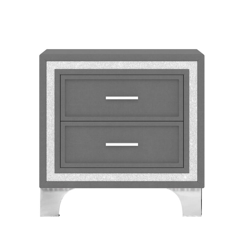 Mid-Century Vintage Velvet 2-Drawer Nightstand - Silver Glitter Strip + Metal Legs (Fully Assembled Except Legs/Handles, Gray)