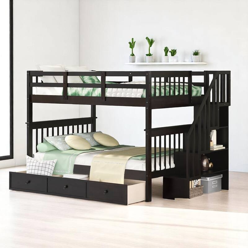 Full Over Full Bunk Bed with Storage Staircase and Shelves, Convertible Design, No Box Spring Needed,kid beds