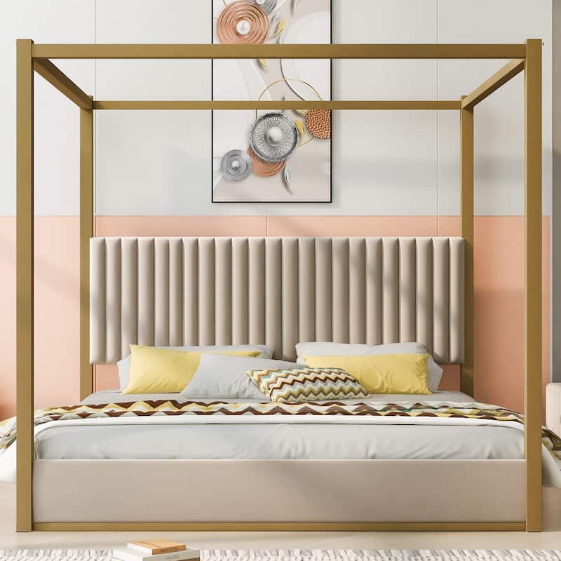 Canopy Bed, Low Profile Platform Bed with Striped Upholstered Headboard Wingback Bed Metal Four Poster Bed Frame, Grounded Bed