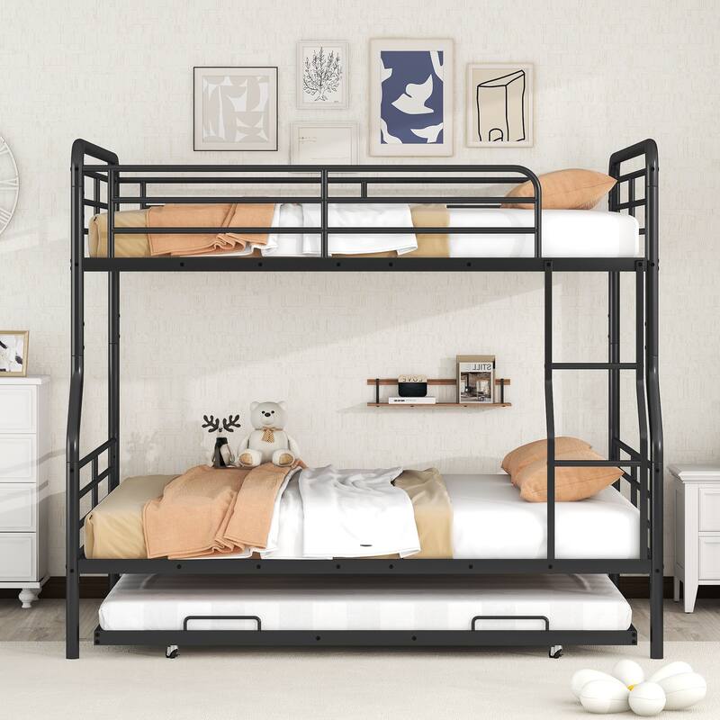 Black+Trundle Full XL over Queen Metal Bunk Bed with Full Length Guardrail, Convertible Design, Easy Assembly