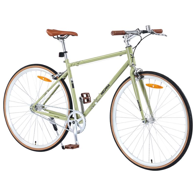 Single-Speed 700C Road Bike for Men and Women, Retro Style Steel Frame with Caliper Brakes - Light Green