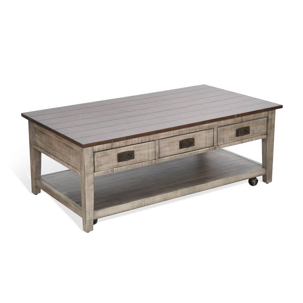 Camie Coffee Table, 48 Inch Top, 3 Drawers, Gray Solid Mahogany