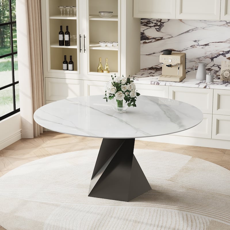 59" Modern Round Dining Table for 6-8, Glossy White Sintered stone Table top, Steel Grille column base