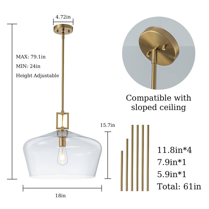 Clear Glass Chandelier 1-Light Pendant for Kithchen Dining Room - 18