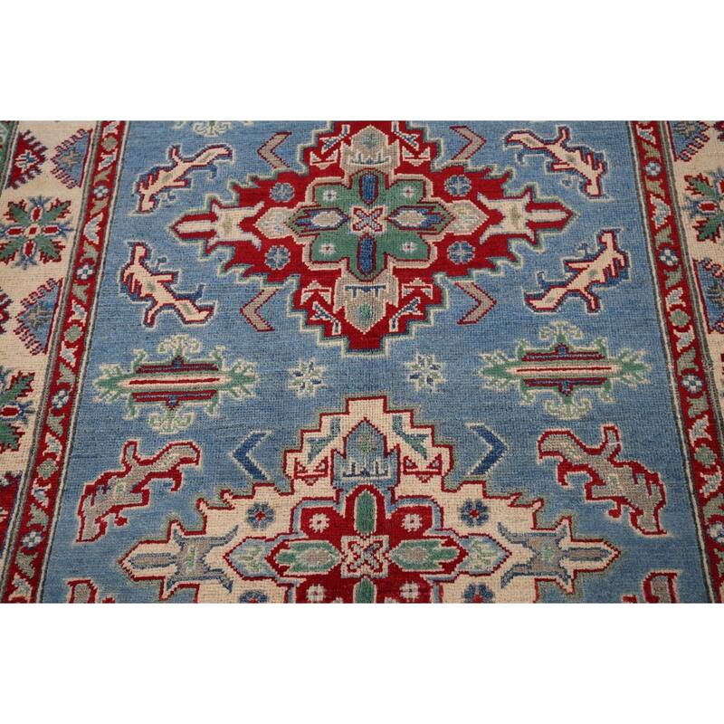 Blue Geometric Kazak Oriental Accent Rug Handmade Wool Carpet - 4'0" x 5'10"