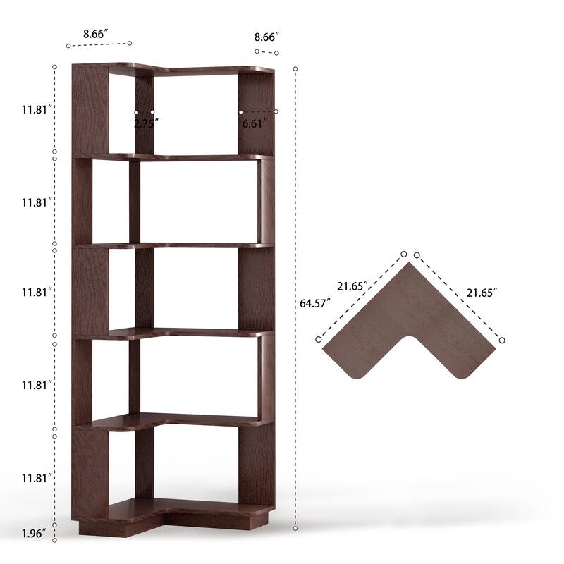 6 Tier Freestanding L-Shaped Corner Bookshelf For Living Room, Bedroom, Wooden Bookcase with anti tipping device