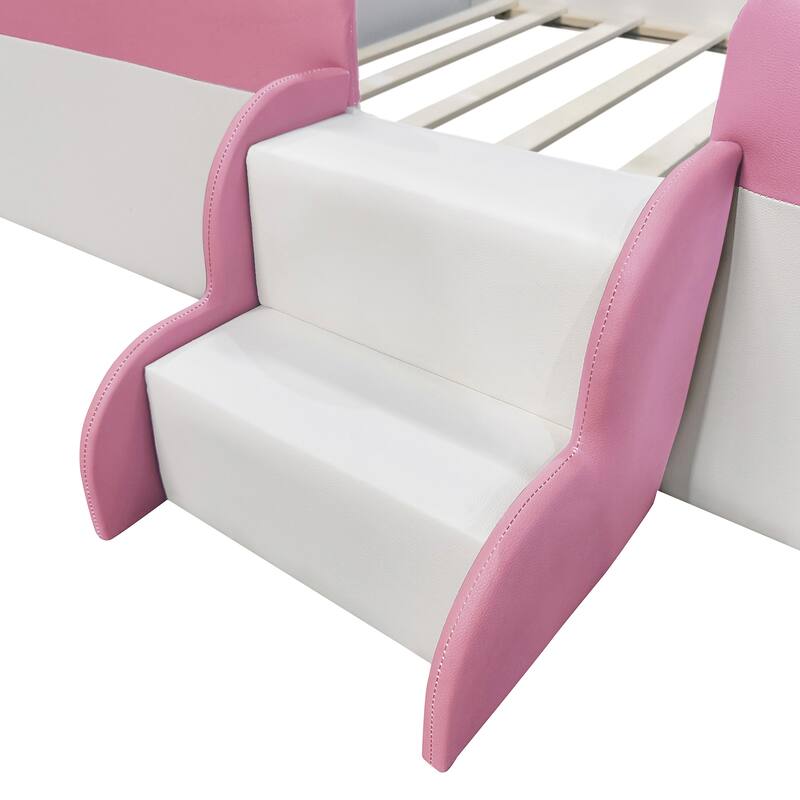 Roomfitters Twin/Full/Queen/King Size Upholstered Daybed Frame with Safety Fence and Stairs, PU Fabric Platform Bed with Slats