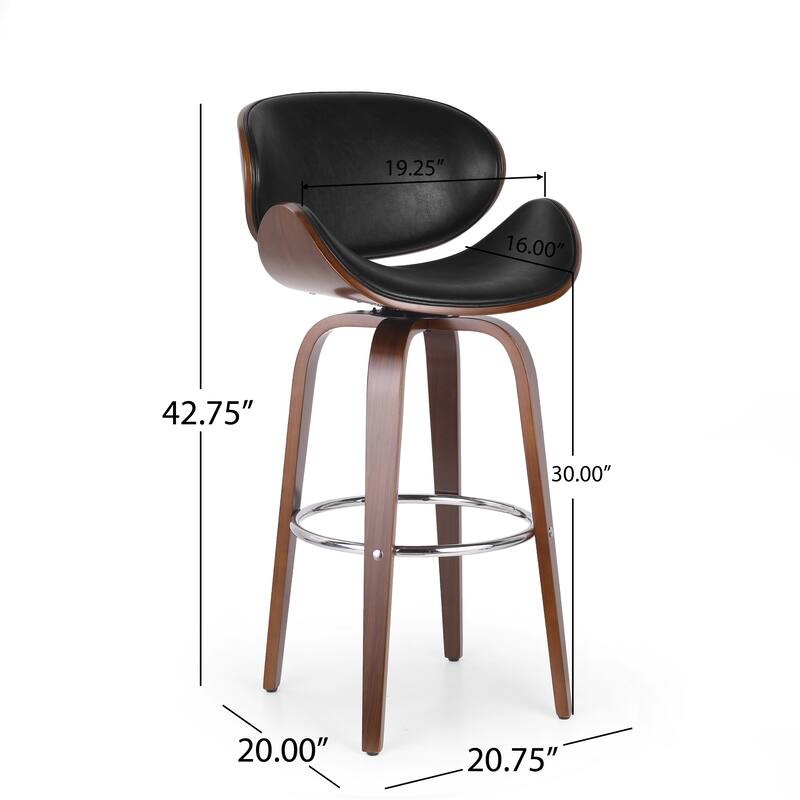 30" Mid-Century Swivel Bar Stool with Leather Seat, Metal Frame, Chrome Footrest, for Bar Dining Room and Living Room