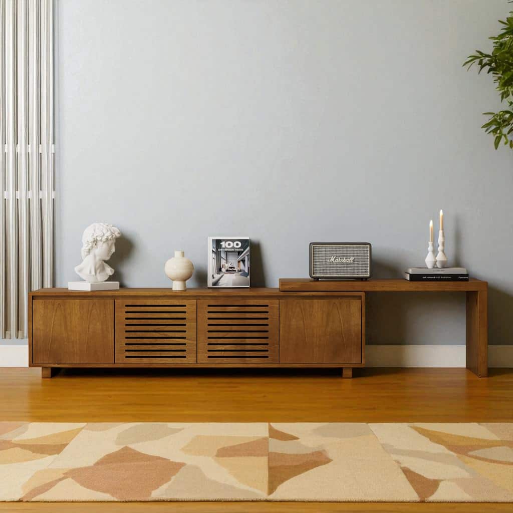 63" Mid-Century Modern Extendable TV Stand for 75 Inch TV, Wood Media Console with Storage & Adjustable Panel