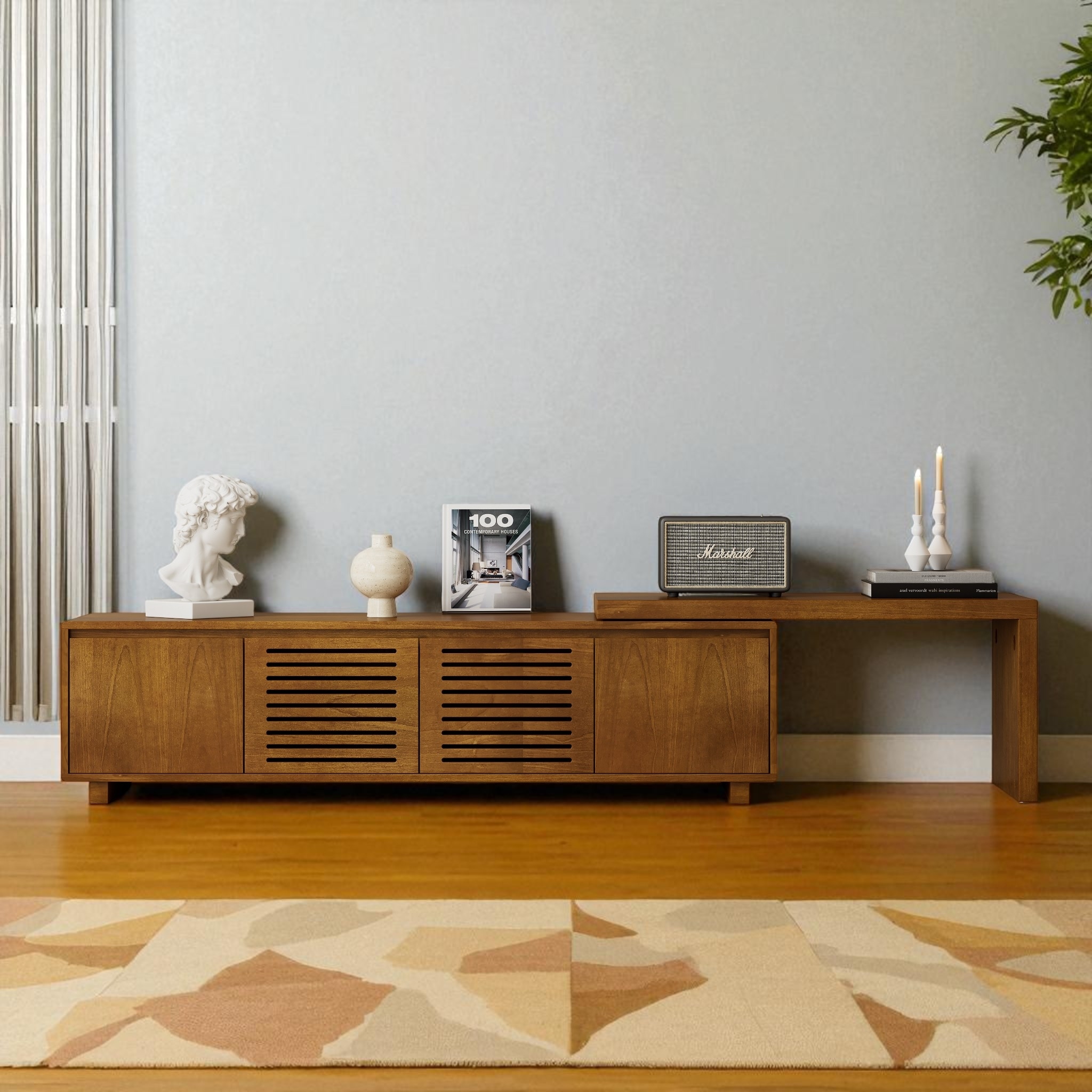 63" Mid-Century Modern Extendable TV Stand for 75 Inch TV, Wood Media Console with Storage & Adjustable Panel