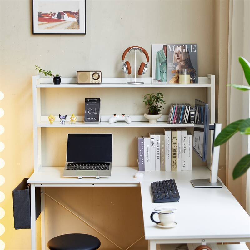 94.5" L Shape Home Office Desk with Storage Shelves and Stool