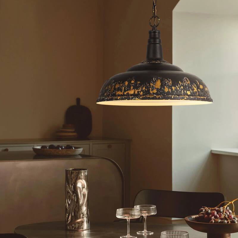17.7" 1-Light Farmhouse Industrial Black and Gold Distressed Metal Dome Pendant Light with Adjustable Chain