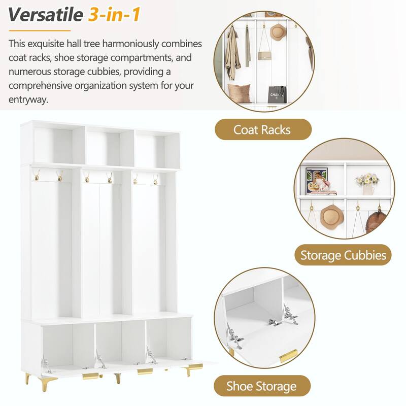 Modern Storage Hall Tree with Bench - Glossy Doors, 6 Gold Hooks