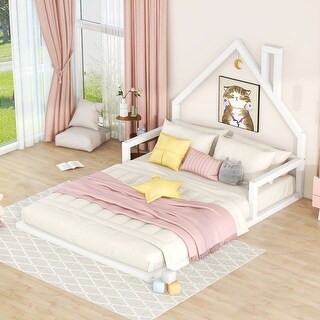 Modern & Simple Style Full Size Floor Bed with House-shaped Headboard,Sturdy Wood Construction
