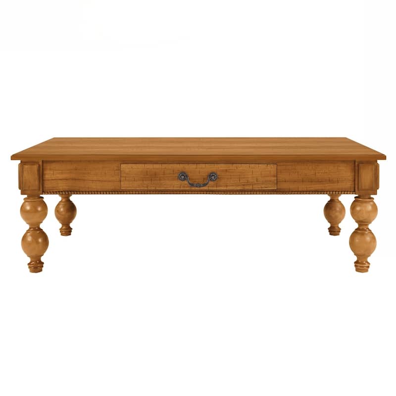 Rectangular Wooden Coffee Table with Storage Drawer, Vintage Cocktail Table with Solid Wood Gourd-Shaped Legs for Living Room