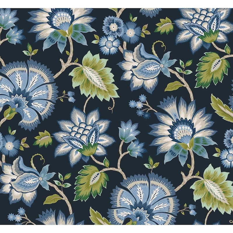 NextWall Jacobean Blossom Floral Peel and Stick Wallpaper - 27 in. W x 18 ft. L - Midnight Blue