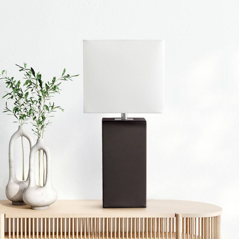Leather Table Lamp with White Fabric Shade
