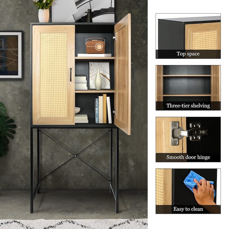 Elegant Tall Storage Cabinet with 2 Rattan Doors,X-Shaped Supporting Bars