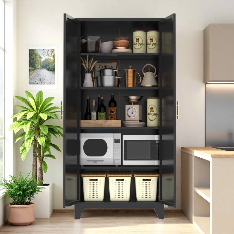 2 Door Metal Storage Cabinet, Freestanding Kitchen Pantry Cabinet, Steel Cabinet with Doors & Adjustable Shelves