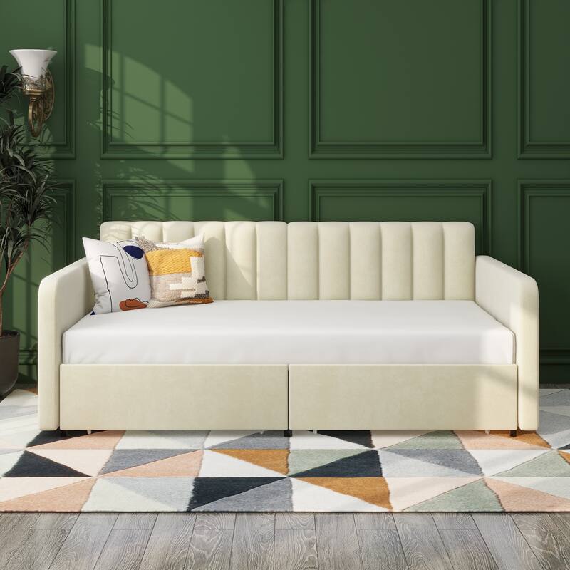 Twin Flora Velvet Daybed with 2 Drawers and Ribbed Tufted Backrest
