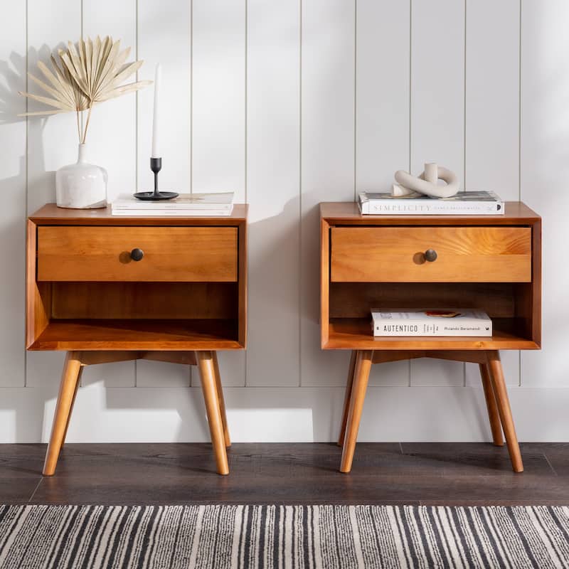 Middlebrook Mid-Century Solid Wood 1-Drawer Nightstand, Set of 2 - Caramel
