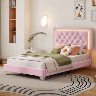 Velvet Upholstered Platform Bed, LED Tufted Headboard Bed Frame, Control Buttons on Both Sides, Wood Slat Panel Bed