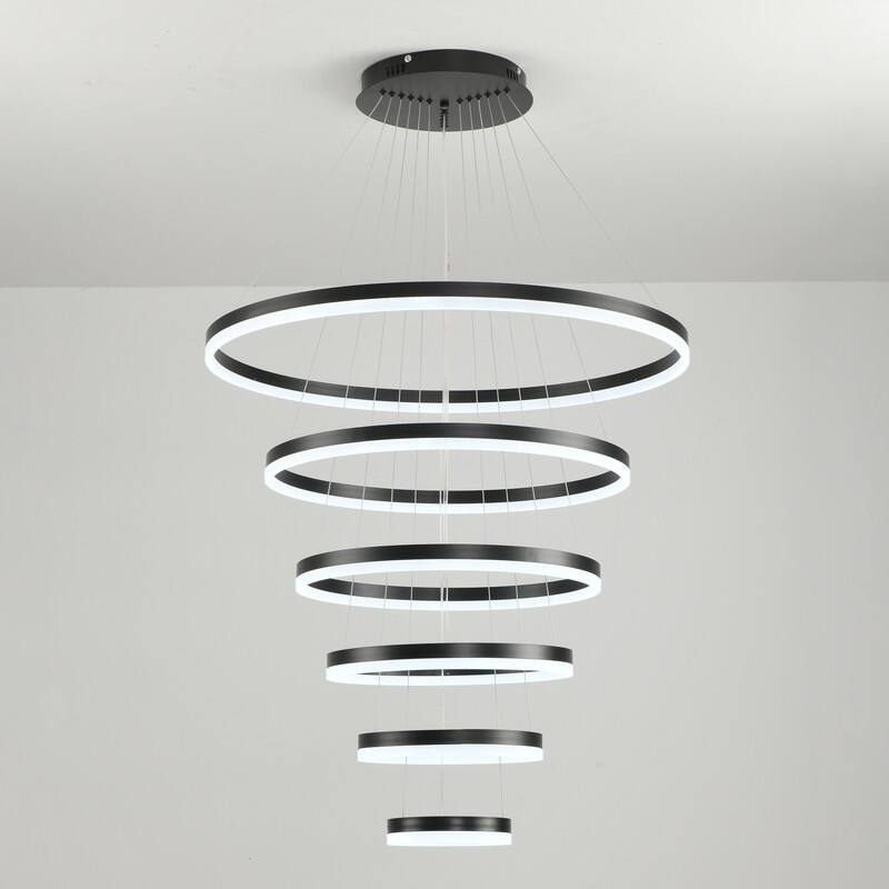 Modern Ring LED Chandelier Large Circle Pendant Light for High Ceilings, Dimmable with Remote - 6 Rings