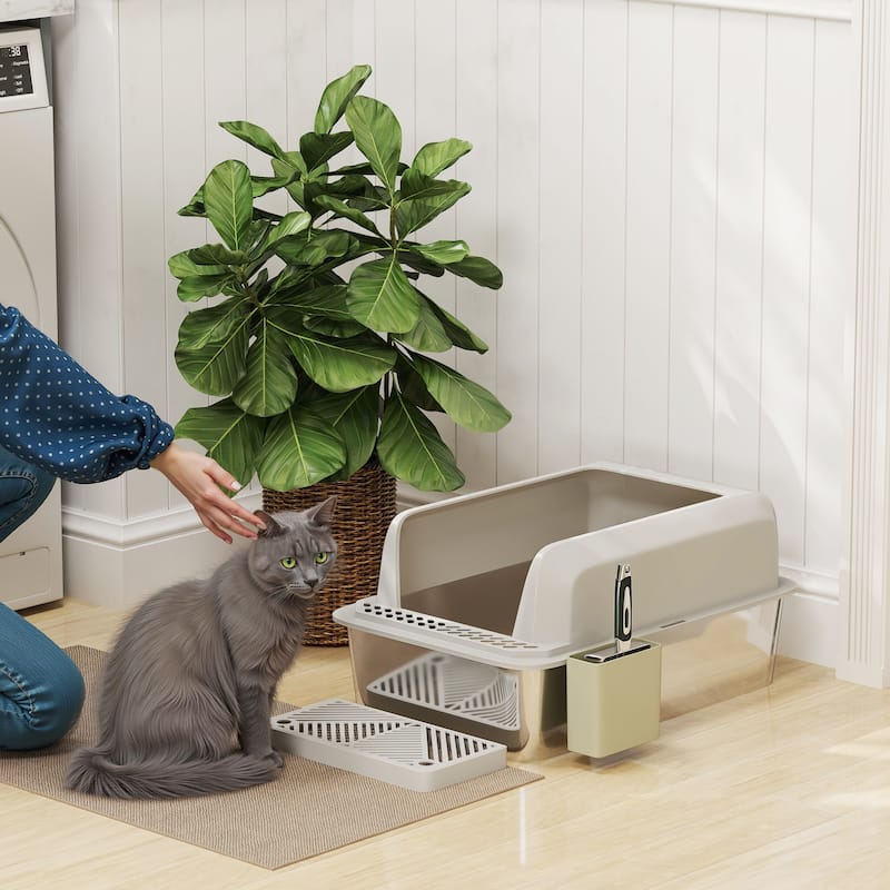 PawHut XL Stainless Steel Litter Box, Metal Litter Box High Sided, Anti-Urine Leakage, Non-Sticky, Light Gray