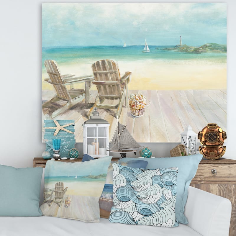 Designart "Seaside Morning no Window" Coastal Gallery-wrapped Canvas - Blue