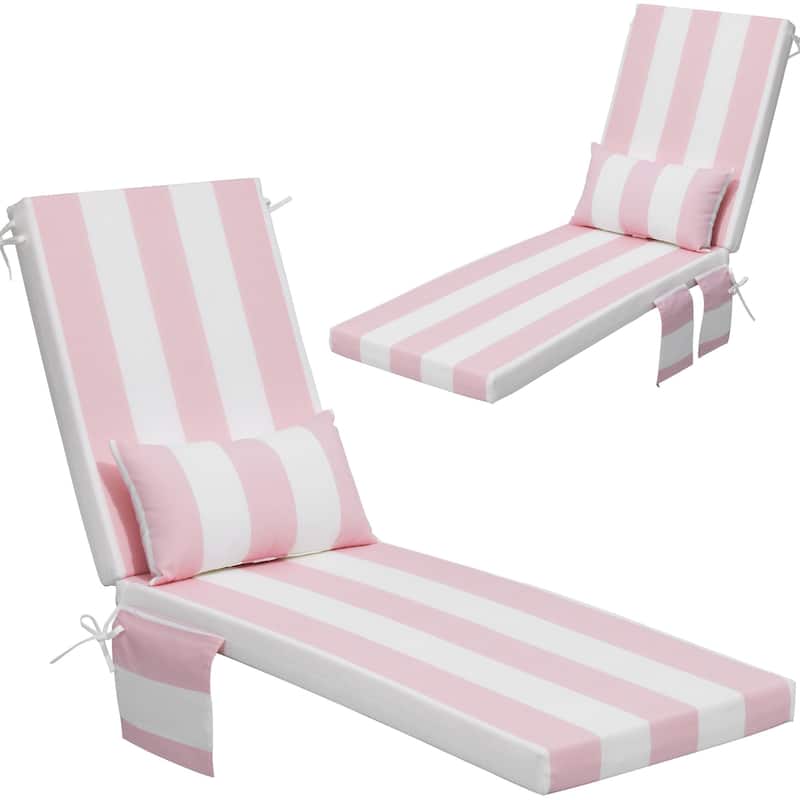 Outdoor Lounge Chair Cushions Patio Chaise Lounge Chair Seat Cushion with Pillow - 80 inches long - Pink&White - 2PC