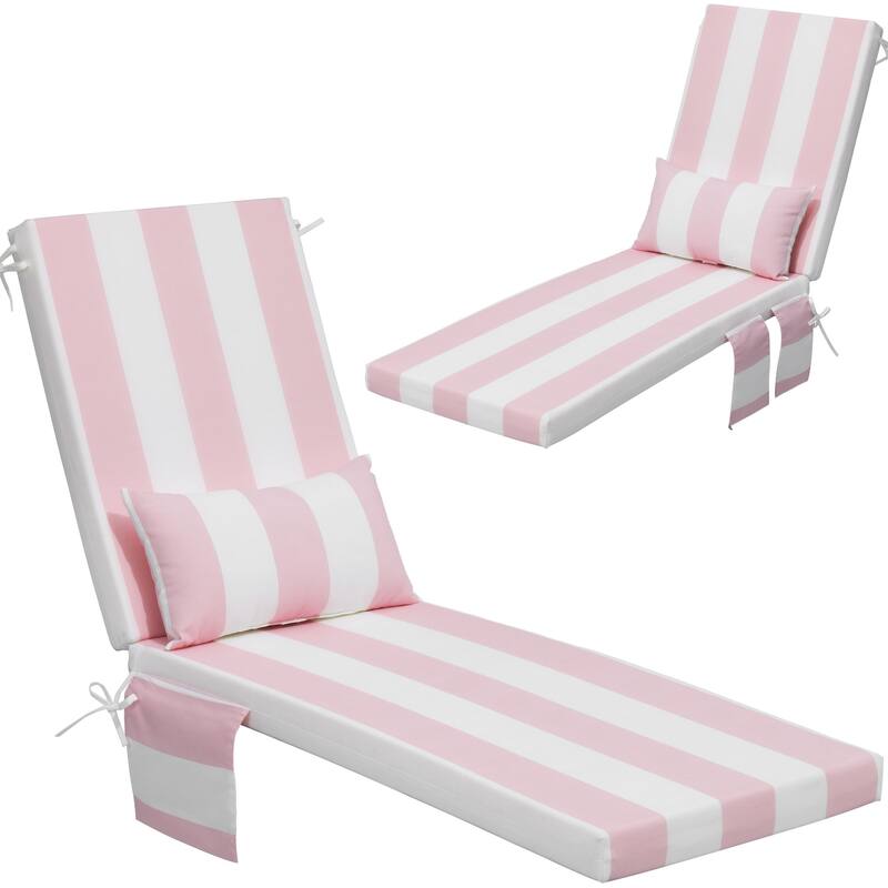 Outdoor Patio Chaise Lounge Chair Seat Cushions with Pillow - Pink&White - 2PC - 72 inches long