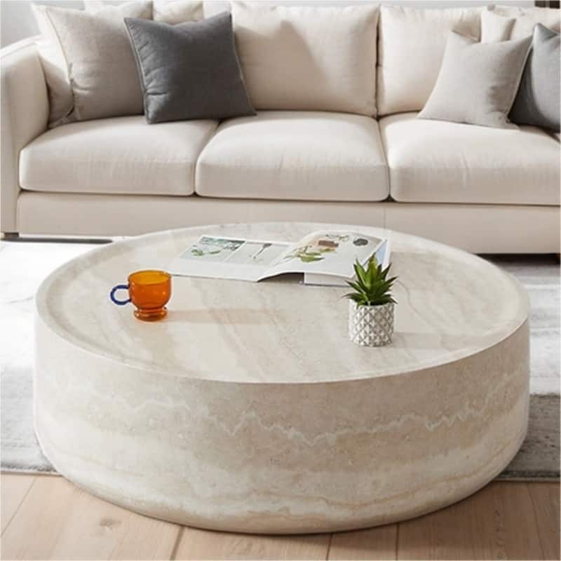 31.49" Sturdy Fiberglass Round Coffee Table with Large Storage - Marble