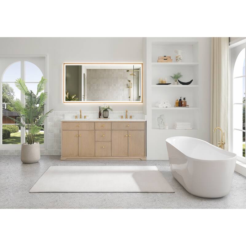 Barnett Bathroom Vanity in Natural Oak with Grain White Engineered Stone Countertop No Mirror