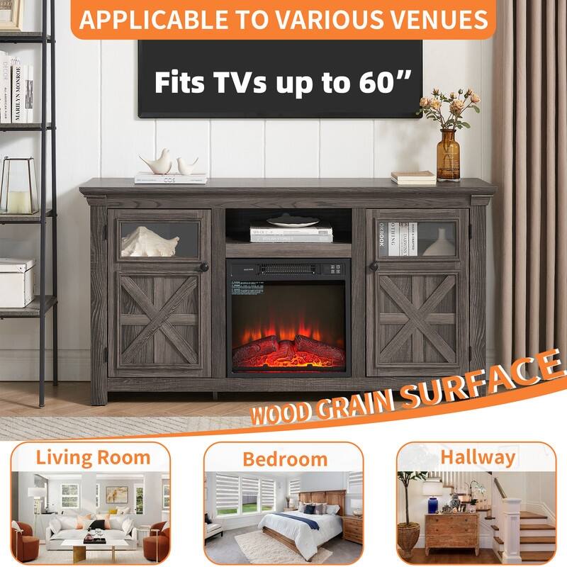 58-60" Fireplace TV Stand for 55-65" TVs w/ 18-23" Insert Farmhouse/Modern/Rustic Barn/Glass Doors Espresso/Grey/Brown/White Oak