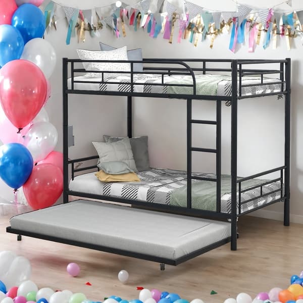slide 2 of 9, Modren Twin Over Twin Metal Bunk Bed With Trundle,Can be Divided Into 2 Beds for Bedroom Black