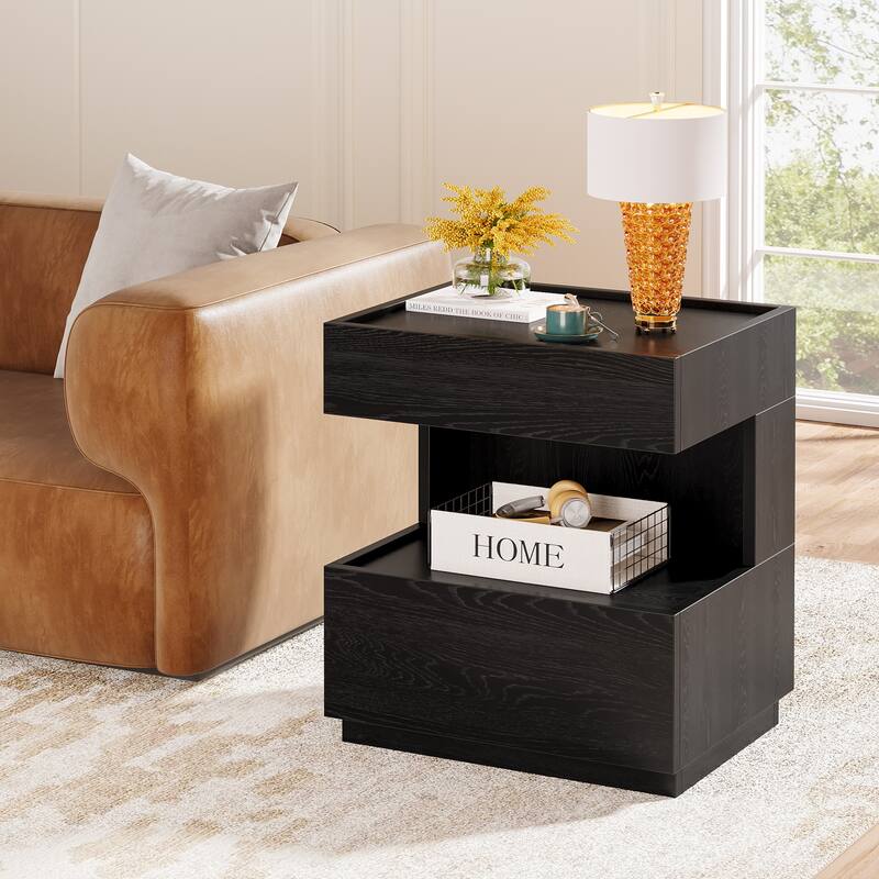 Modern LED Black Nightstand Wood Bedside End Table with 2 Drawers