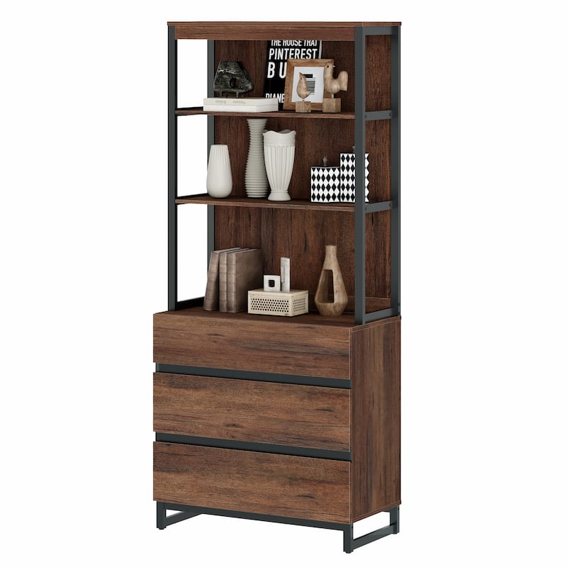 WAMPAT Modern 72" Tall Bookcase with Drawers and Open Book Shelfs, Library Book Shelf for Home Office, Living Room